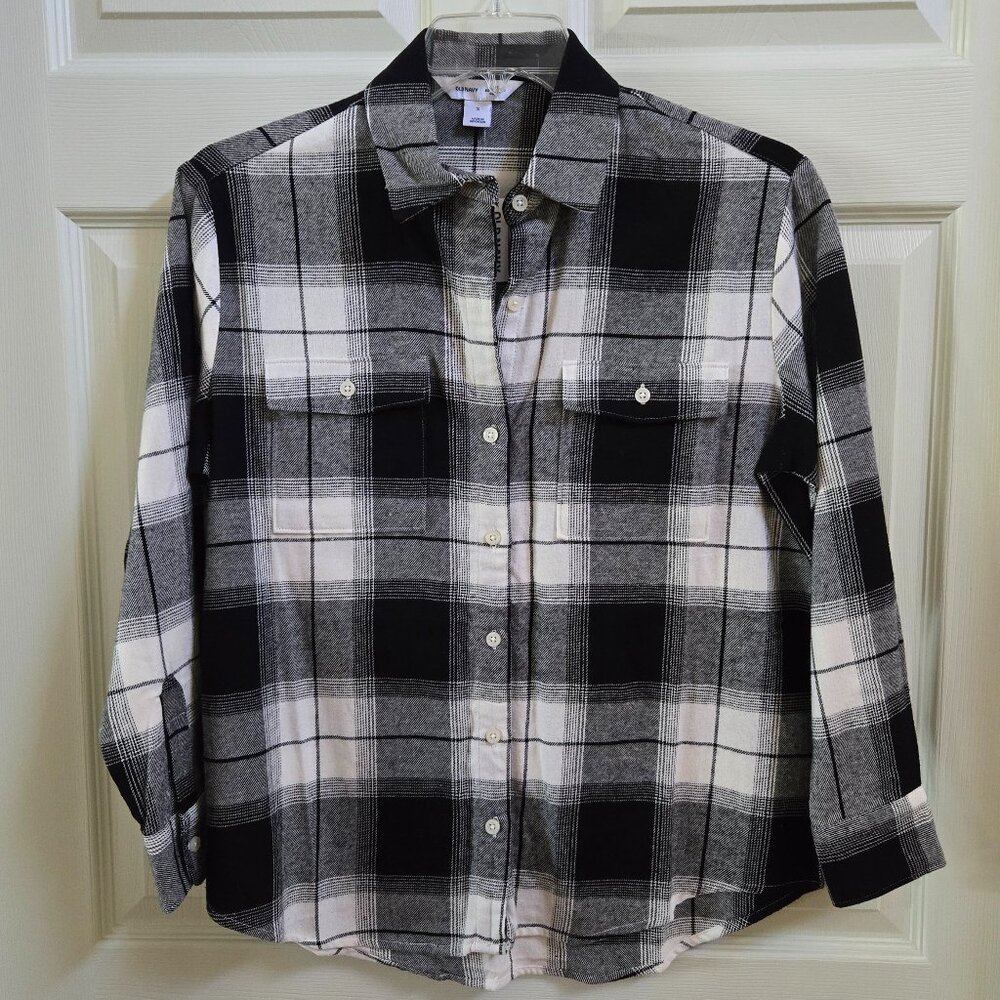 NWT Old Navy Black Loose Fit Plaid Flannel Boyfriend Button-Down Shirt Size S